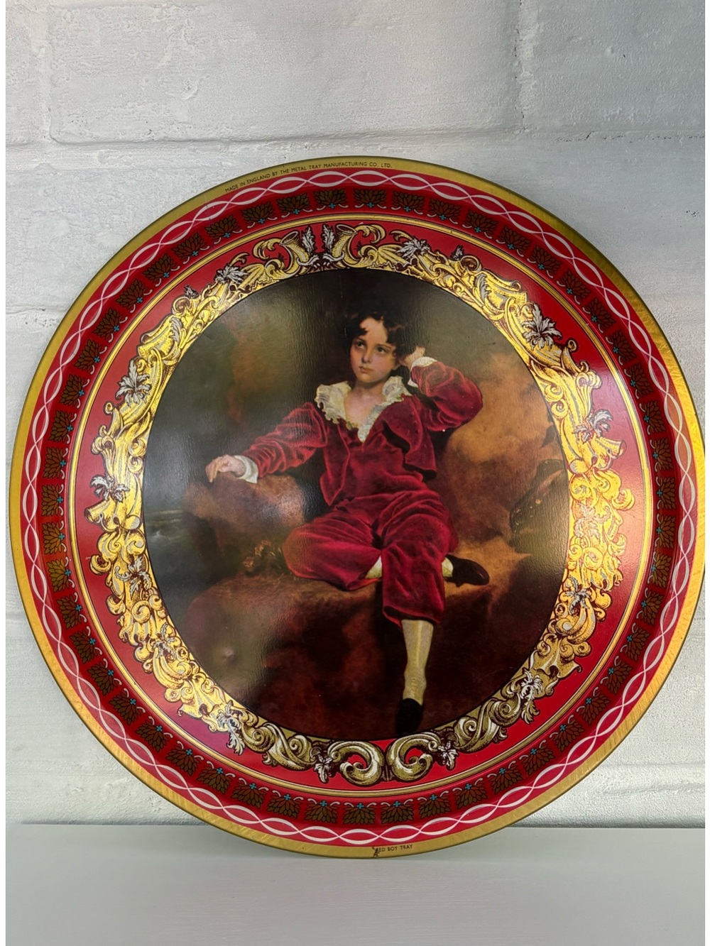 Vintage Decorative Round Tin Tray with Classical Boy Portrait Red & Gold